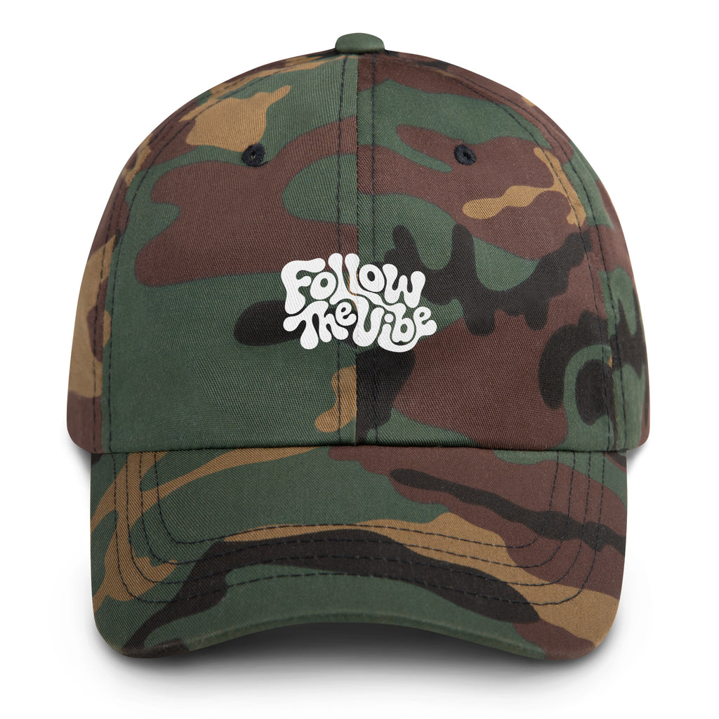 Psychedelic Follow The Vibe festival hat in green camo