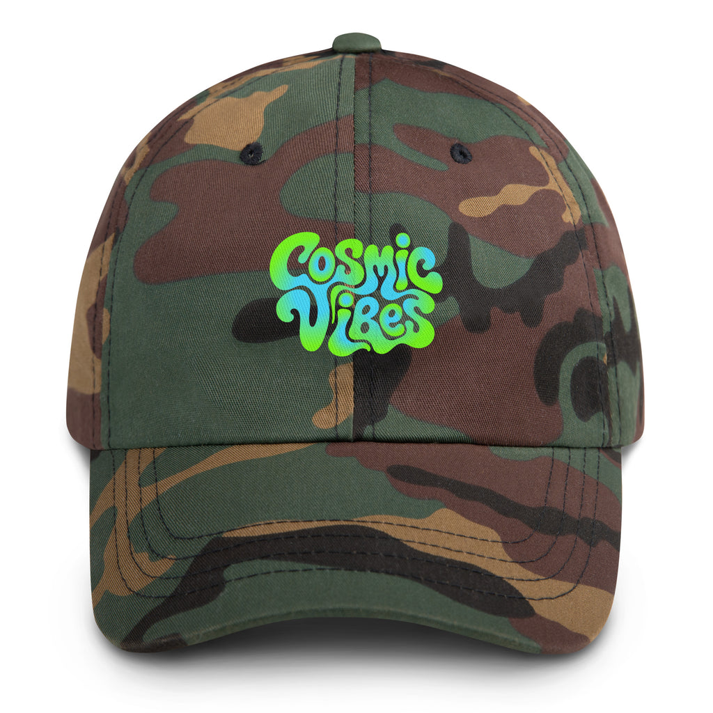 Psychedelic Cosmic Vibes festival hat in green camo
