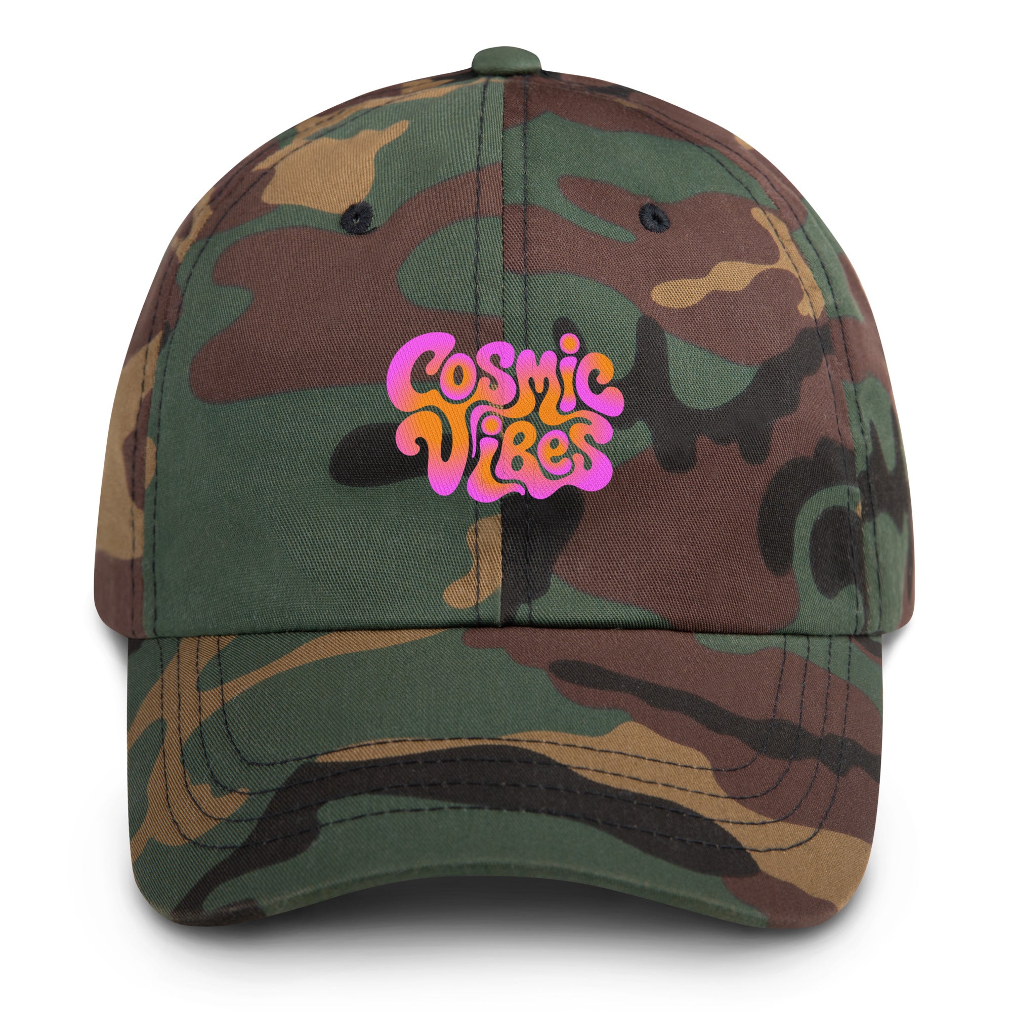 Psychedelic Cosmic Vibes festival hat in green camo