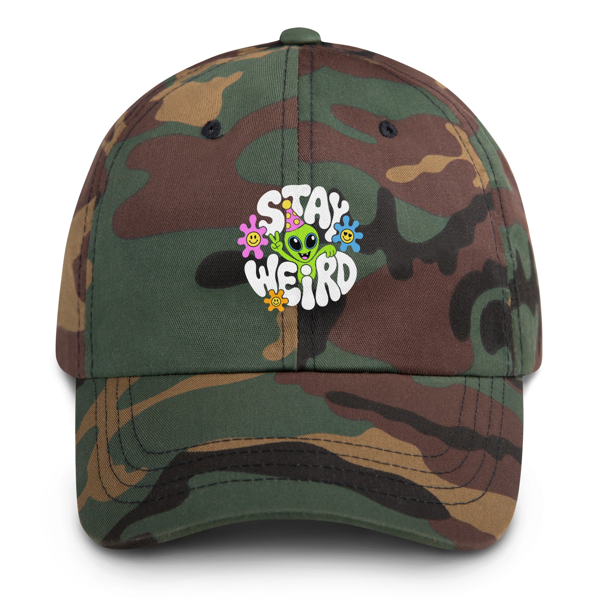 Stay Weird Alien festival hat in green camo