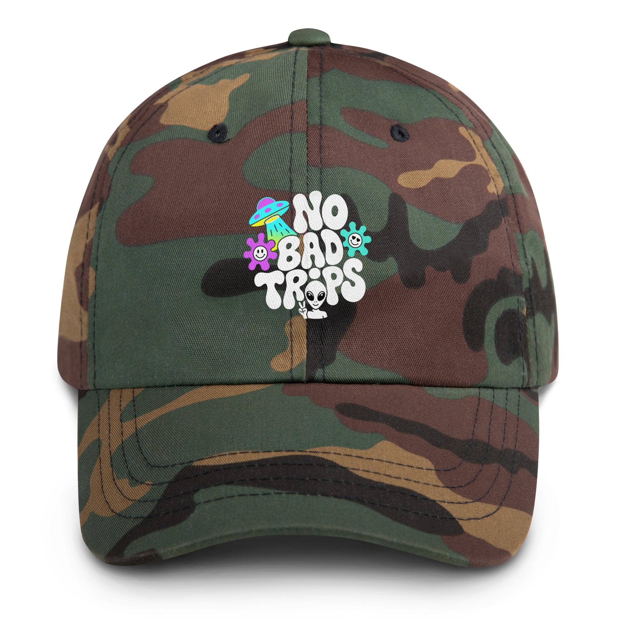 No Bad Trips psychedelic hat in green camo