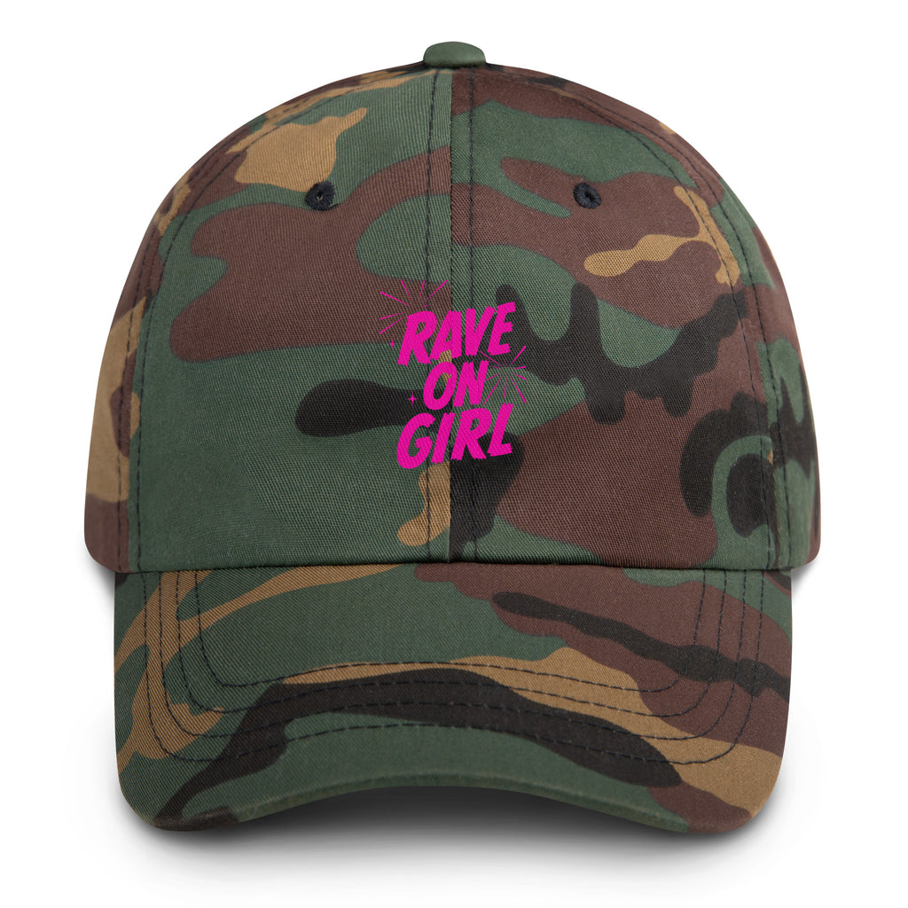 Rave On Girl festival hat in green camo