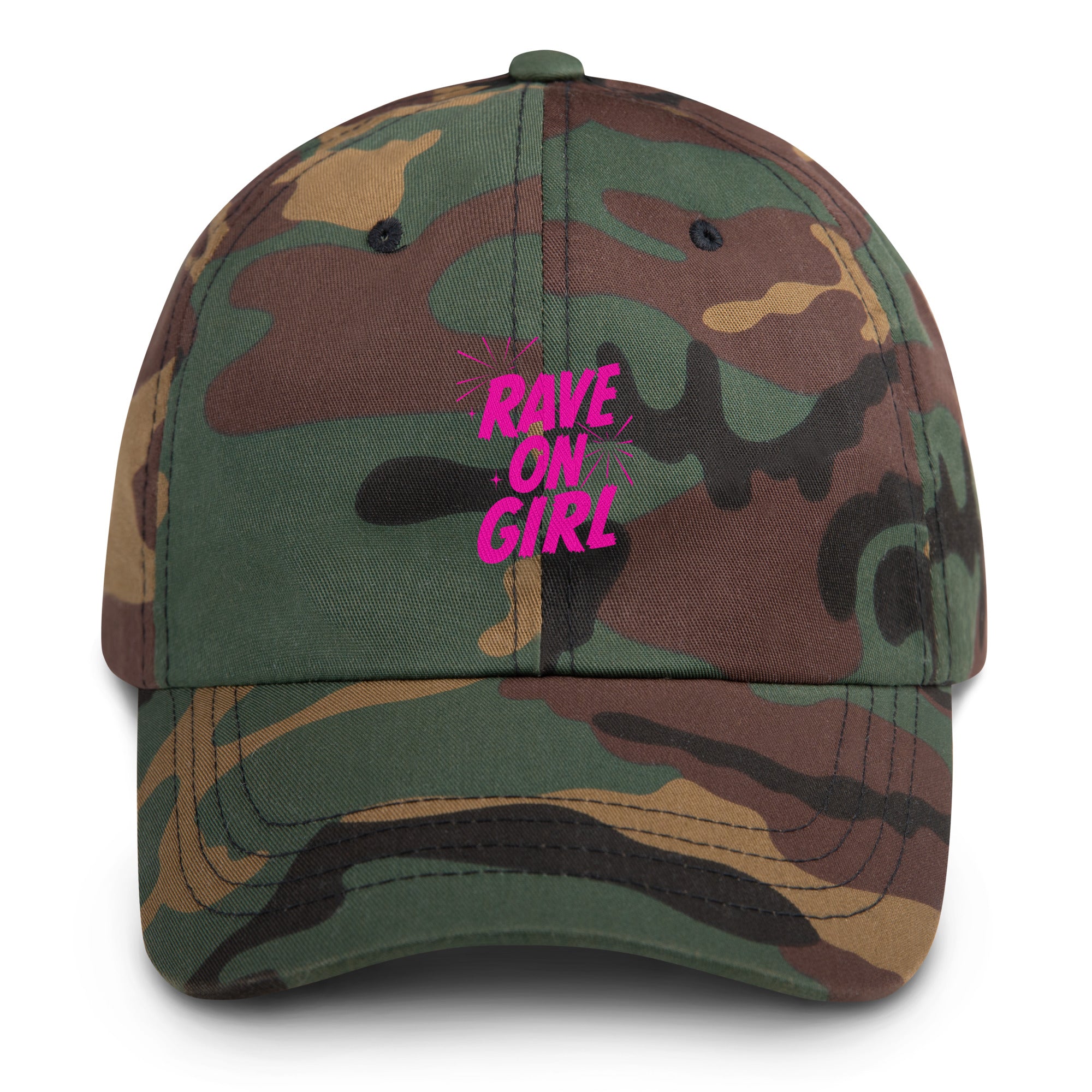Rave On Girl festival hat in green camo
