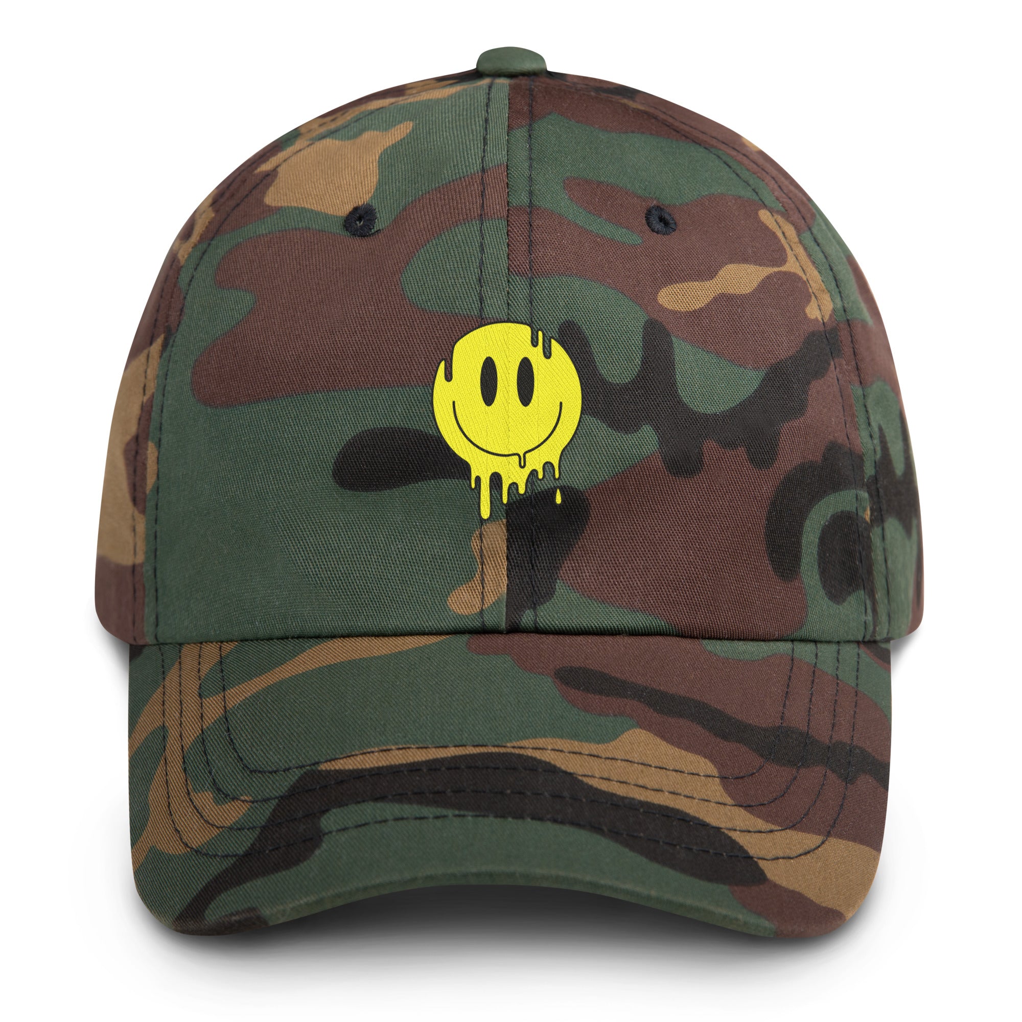 Drippy Smiley Hat psychedelic festival hat in green camo
