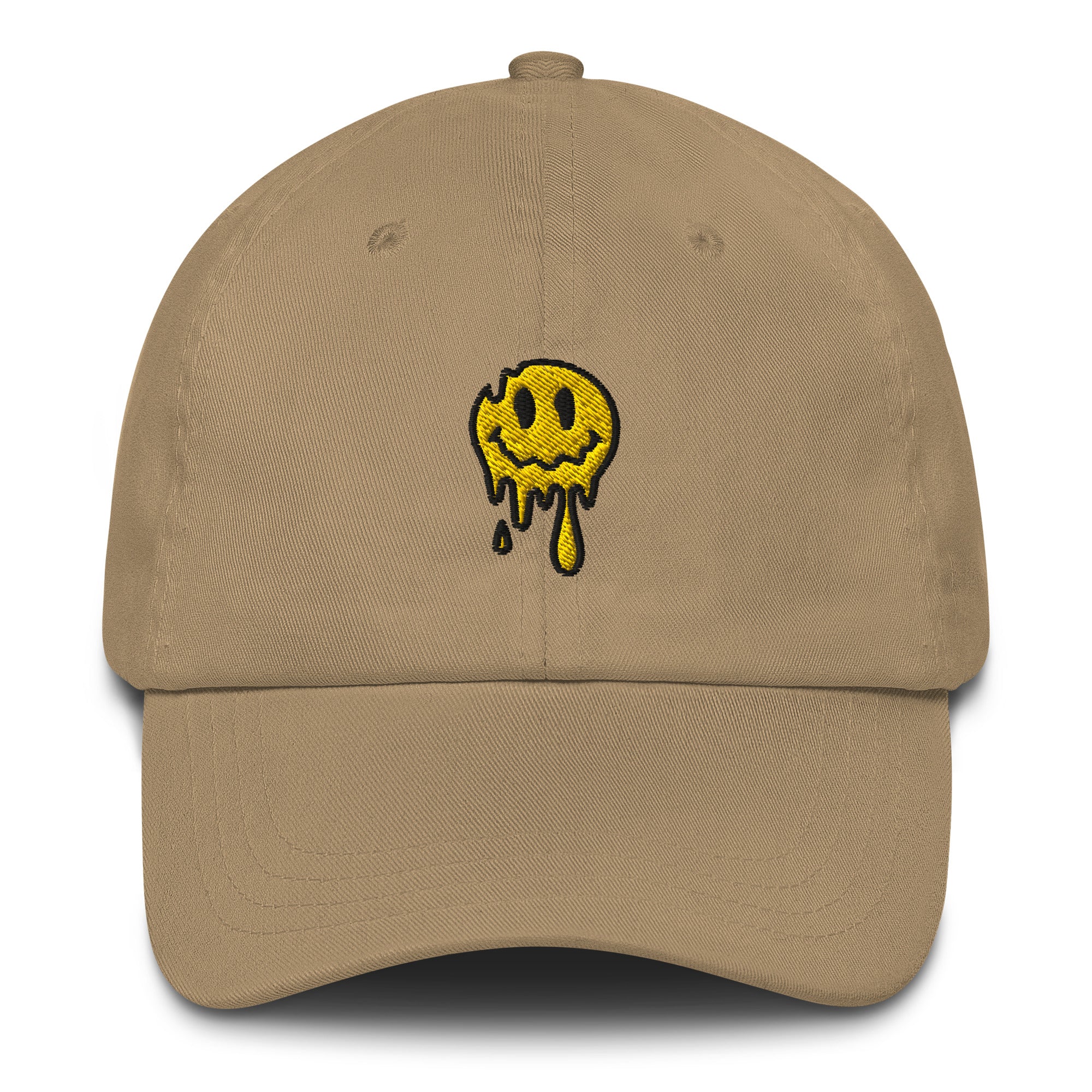 Psychedelic embroidered Melting Smiley Hat in khaki