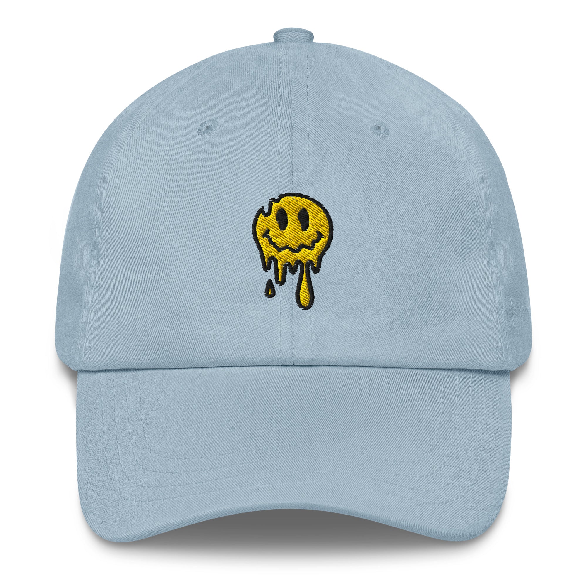 Psychedelic embroidered Melting Smiley Hat in light blue